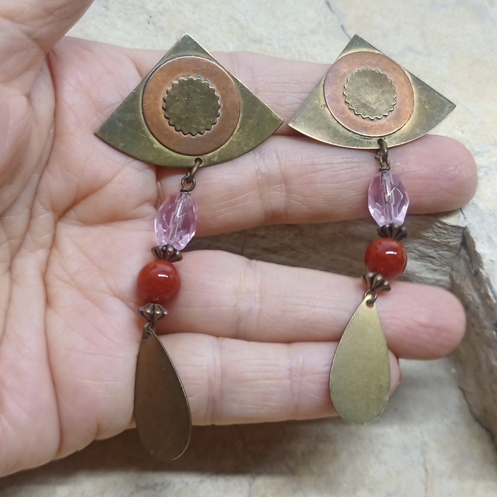 Vintage Copper Brass Carnelian agate dangle earrings clip on